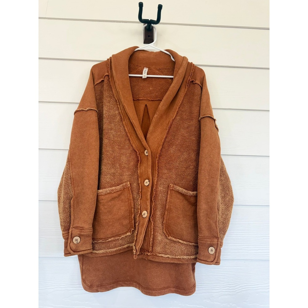 B- 58- Zenana Rust Brown Mixed Media Shawl Collar Cardigan Jacket TJ-5037C5 Sm